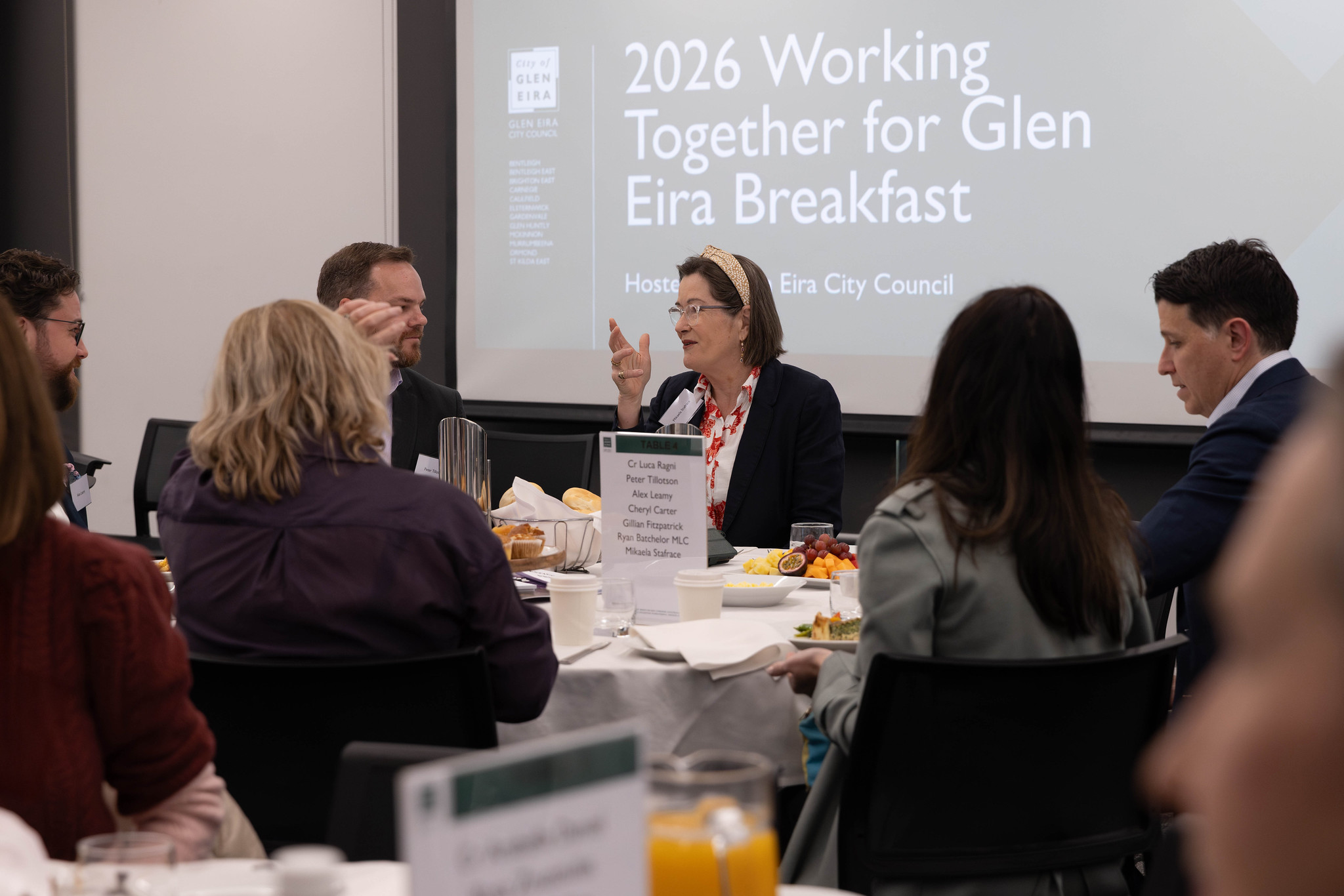 Attendees sit around a table discussing local priorities at the 2026 Working Together for Glen Eira Breakfast.