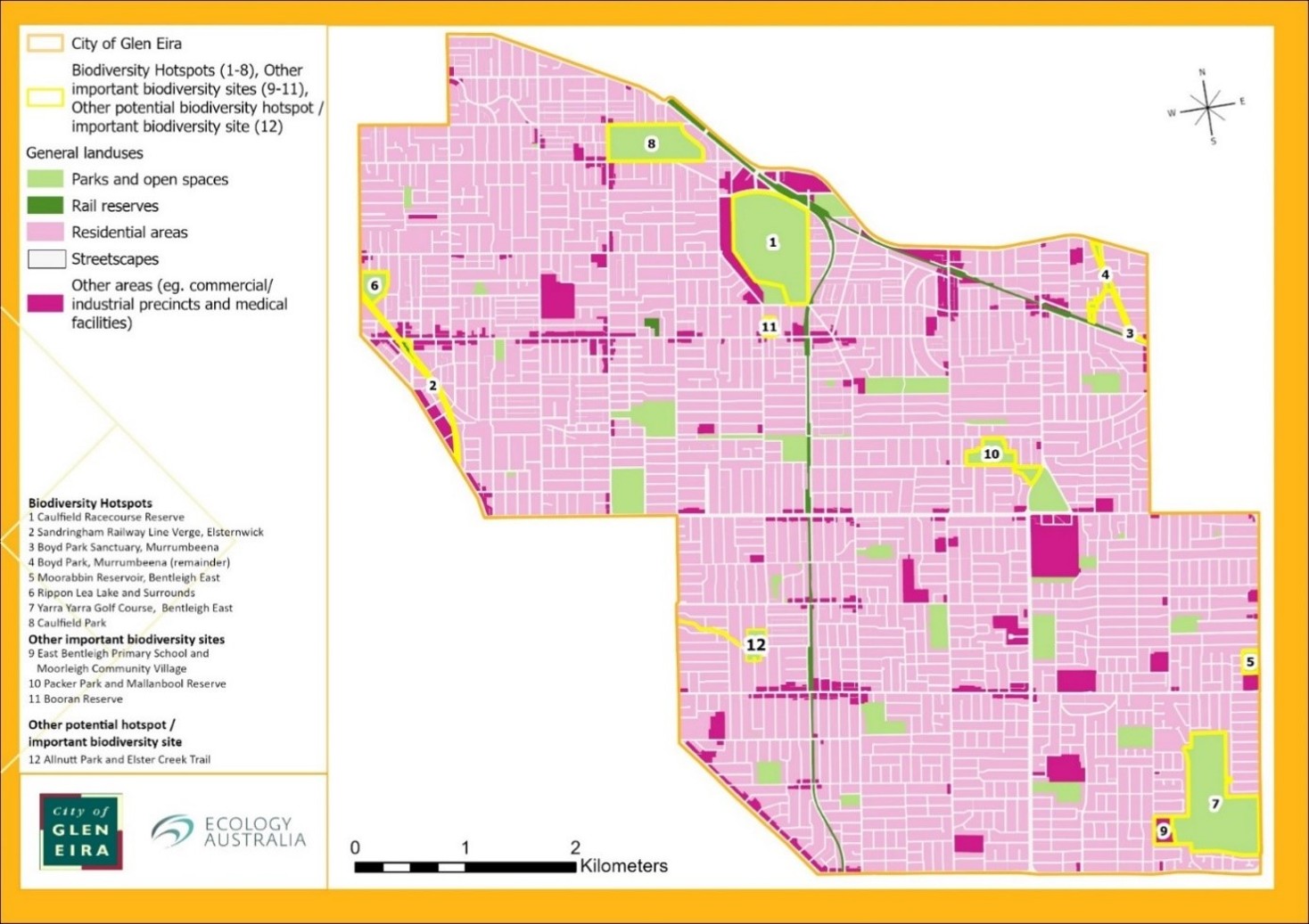Map of the City of Glen Eira showing biodiversity hotspots and important biodiversity sites across the municipality. The map highlights 12 locations, including Caulfield Racecourse Reserve, Boyd Park Sanctuary, Moorabbin Reservoir, Rippon Lea Lake, Yarra Yarra Golf Course and Booran Reserve. Parks and open spaces, rail reserves, residential areas, streetscapes and commercial areas are colour coded, with biodiversity sites outlined and numbered. A legend, scale bar and north arrow are included.