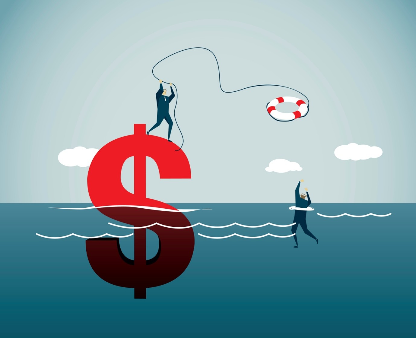giant red dollar sign in ocean, person standing on top throwing life saver to drowning person