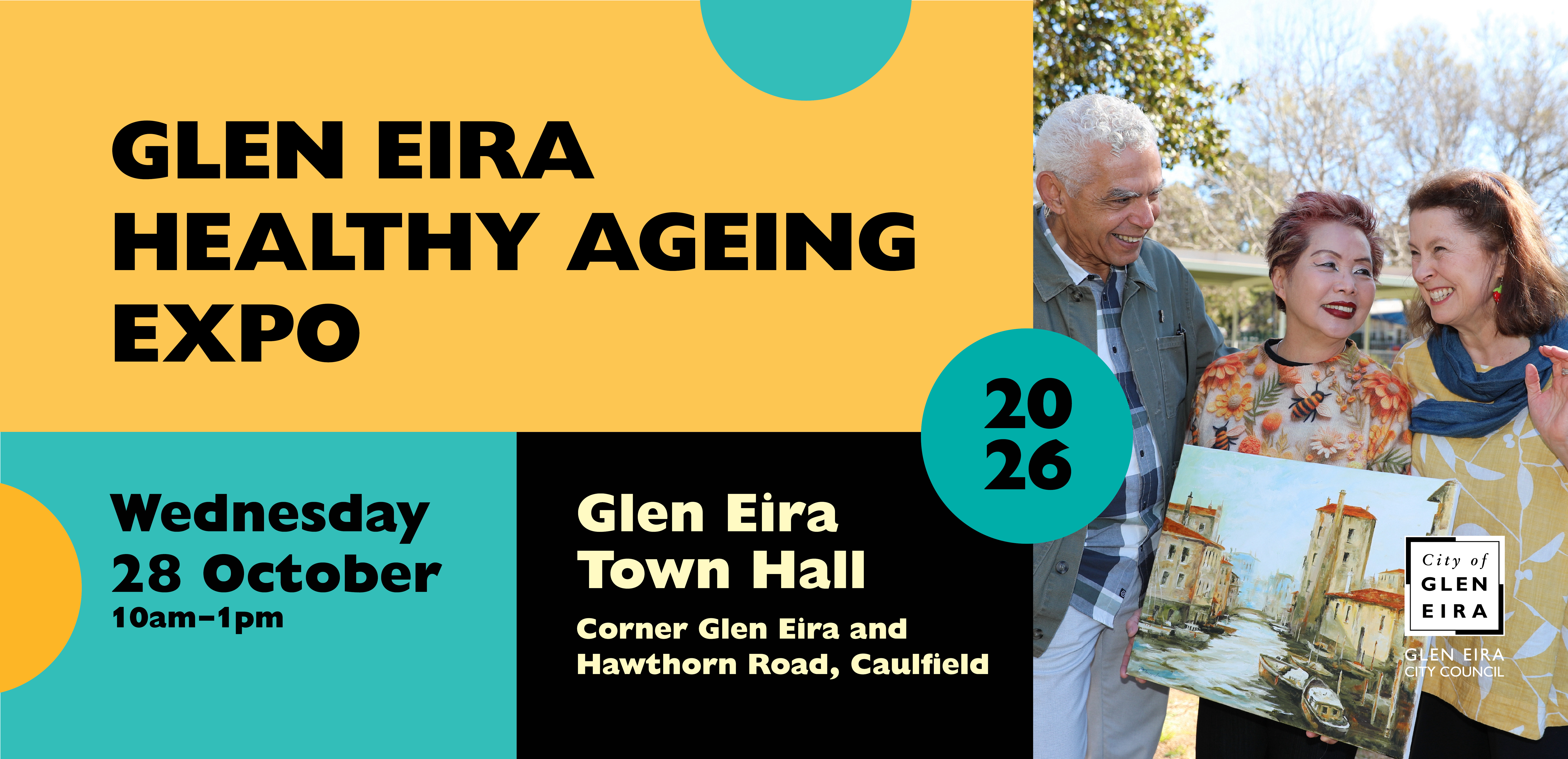 Promotional banner for the Glen Eira Healthy Ageing Expo 2026. The event will be held on Wednesday 28 October from 10am to 1pm at Glen Eira Town Hall, corner of Glen Eira and Hawthorn roads, Caulfield. The banner features a photo of two older adults smiling and laughing together outdoors.
