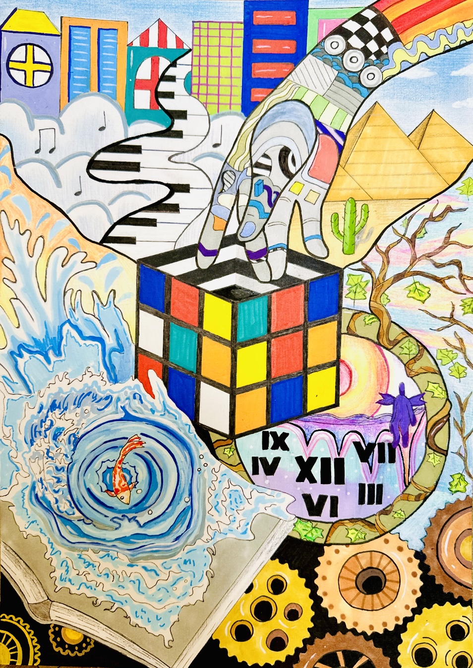 Colorful illustrative artwork featuring a hand interacting with a Rubik’s Cube, surrounded by imaginative elements including a piano keyboard, waves, a fish, pyramids, buildings and gears.
