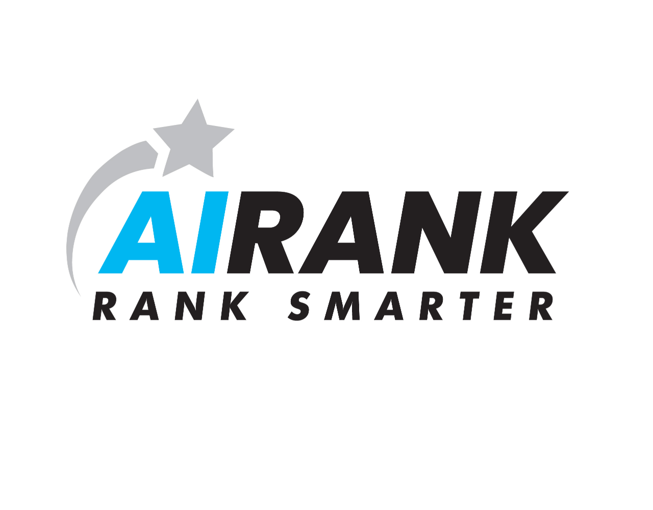 AI Rank Smarter logo displayed on a light grey background. The logo features the letters “AI” in blue and the words “Rank Smarter” in black. A grey star and curved swoosh graphic appear above and beside the text.