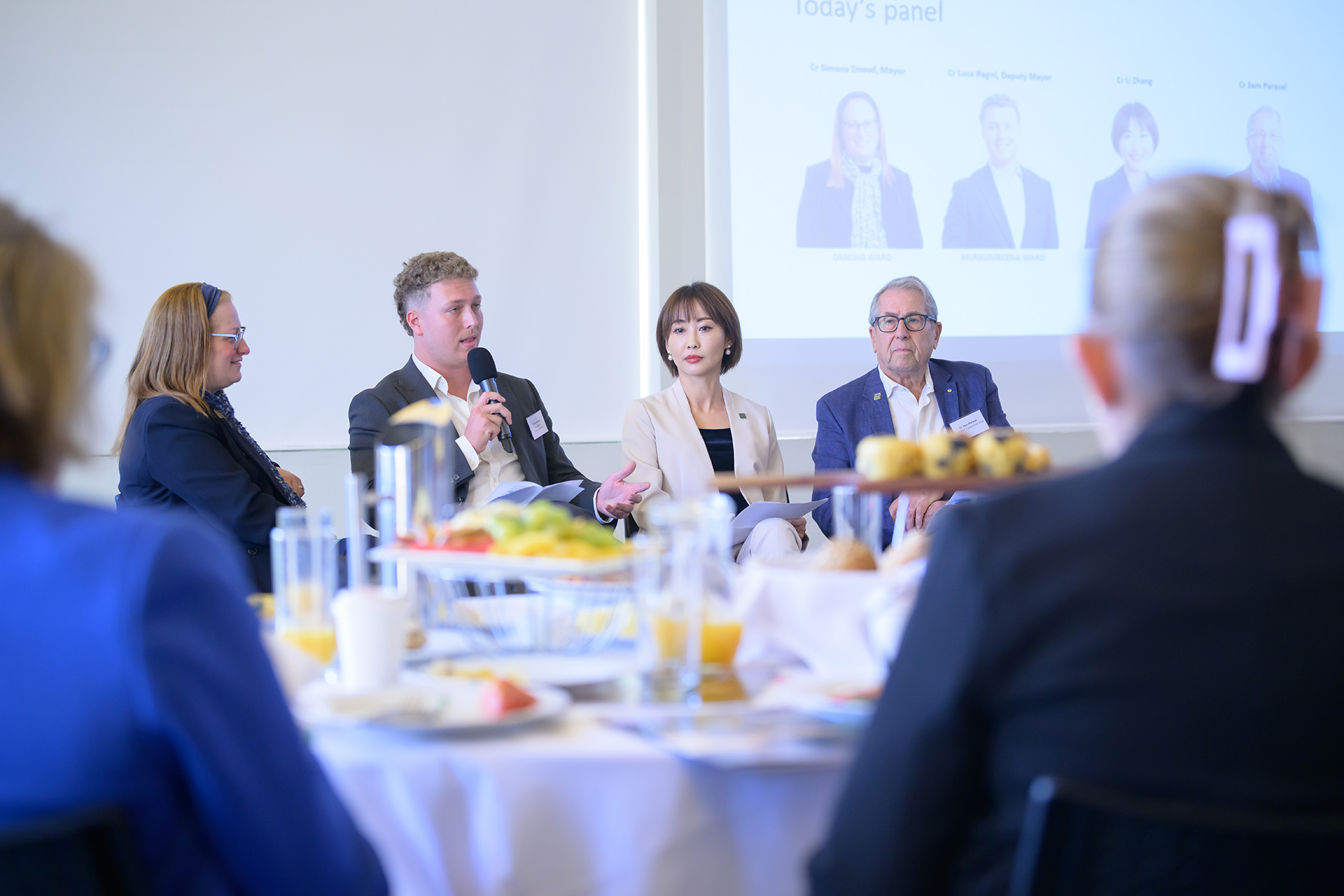 Glen Eira Councillors Cr Simone Zmood (Mayor), Cr Luca Ragni (Deputy Mayor), Cr Li Zhang and Cr Sam Parasol on the Working Together for Glen Eira Breakfast panel