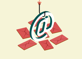 Illustrated graphic of a large email symbol (@) suspended by a string above several red envelopes, symbolising email communication, messages or online correspondence. The image uses a simple, flat design on a light background.