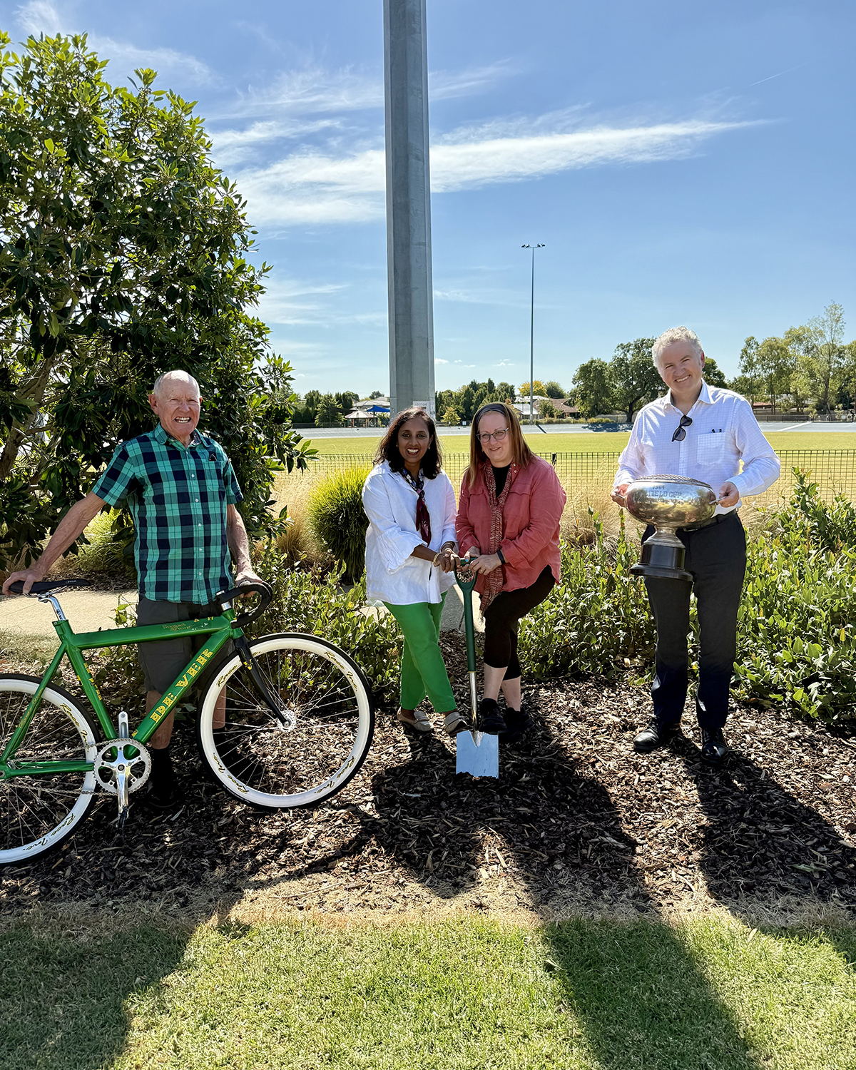 Breaking ground Mick Hollingworth, Carnegie Caulfield Cycling Club volunteer and life member — and 1964 Olympian, Dr Michelle Ananda-Rajah MP, Member for Higgins, Glen Eira Mayor Cr Simone Zmood and Robin Donohue, Carnegie Caulfield Cycling Club Secretary.