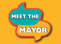 Teal and yellow speech bubbles surrounding 'Meet the Mayor'