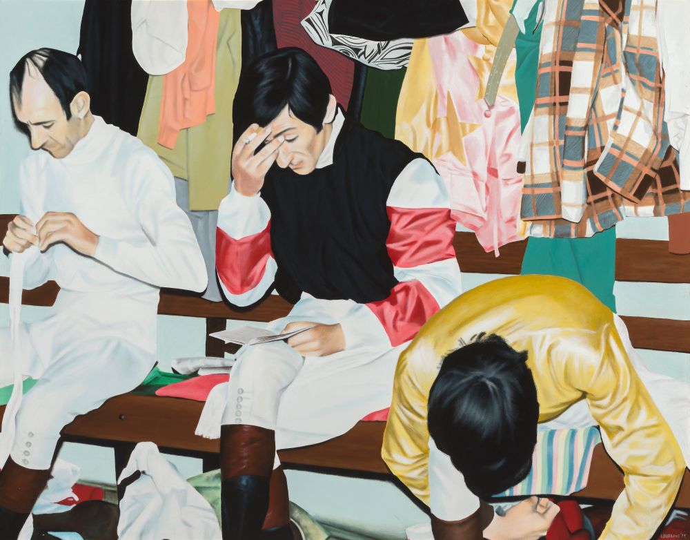 Ivan Durrant | 3 Jockeys | 1975 Synthetic polymer paint on composition board 83.7 x 106.6cm Courtesy of Ivan Durrant | © Ivan Durrant Glen Eira City Council Art Collection