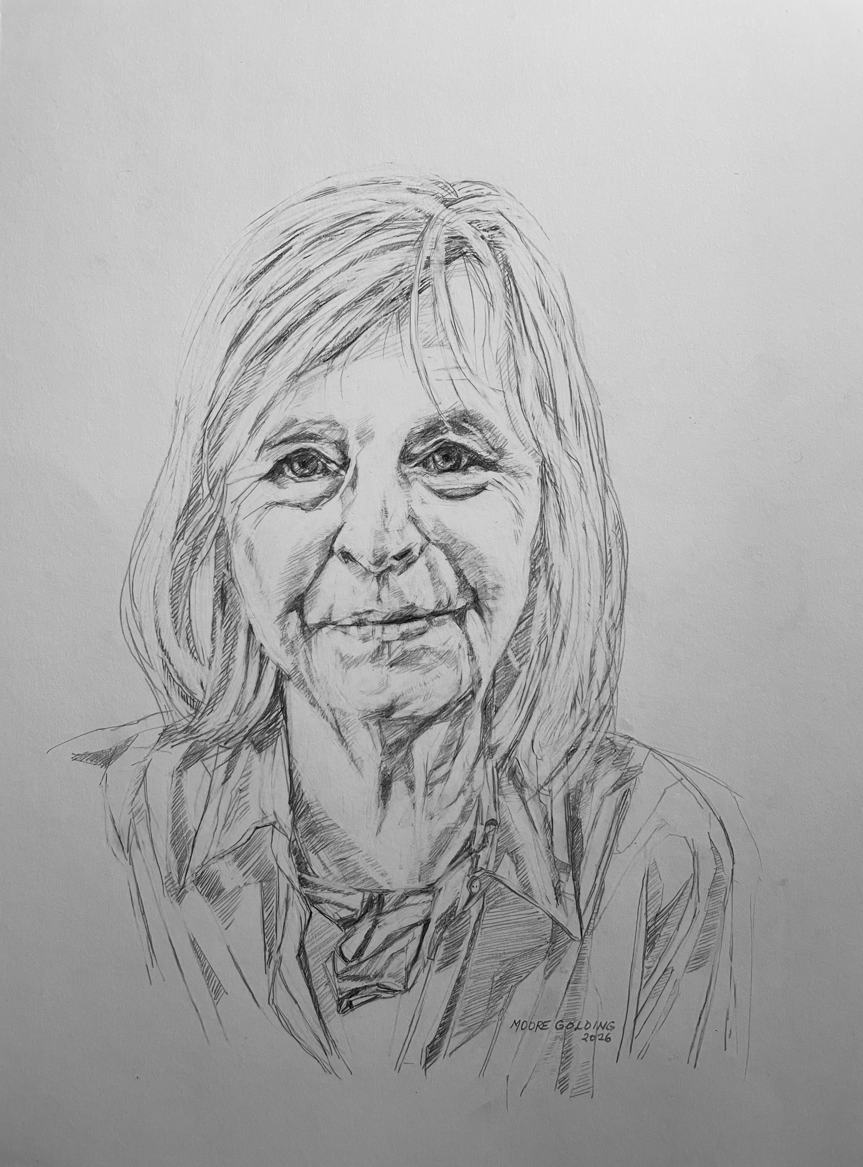 Pencil portrait drawing of a person’s head and shoulders, showing detailed line work and shading on the face and hair against a plain background.