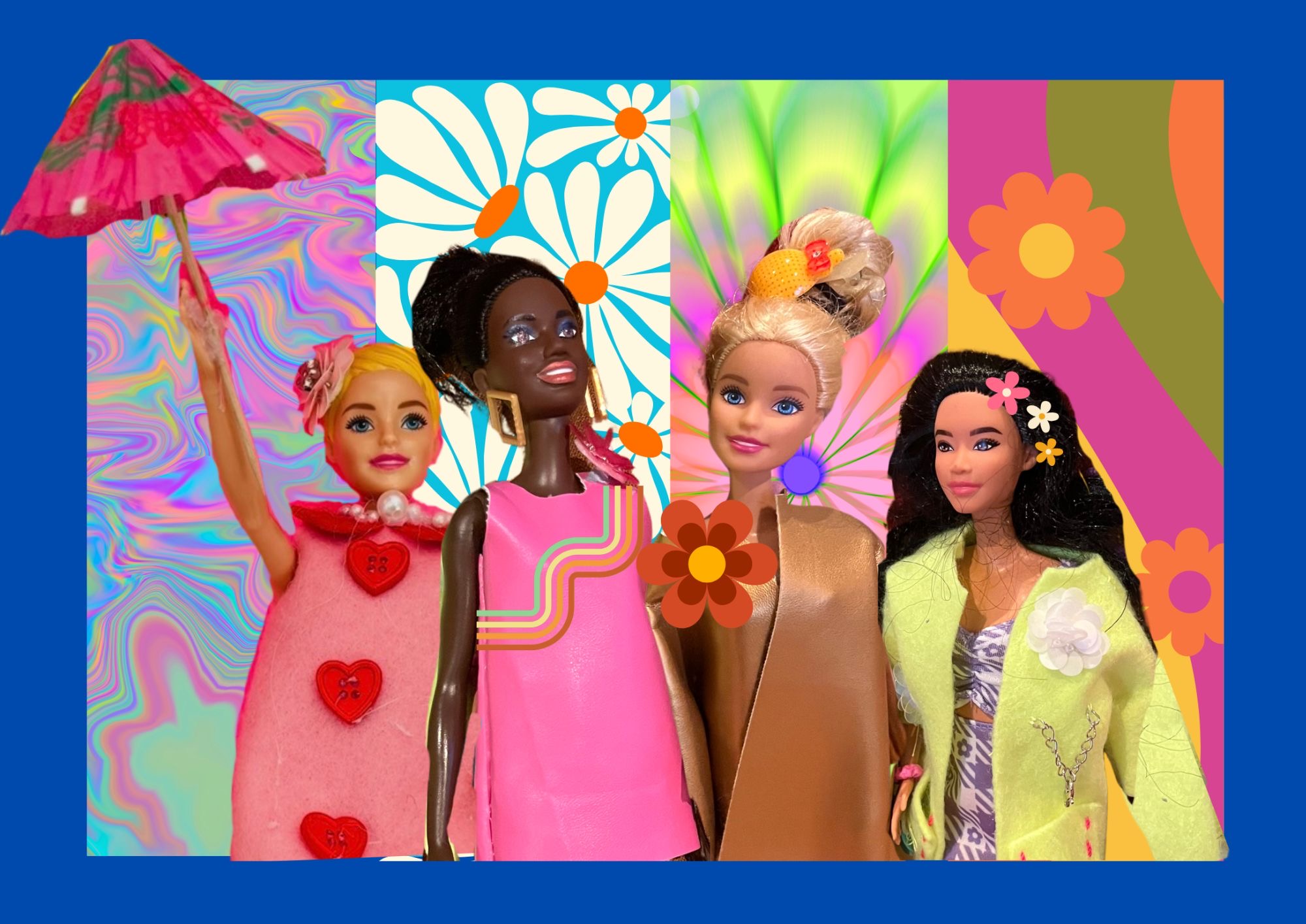 Four fashion dolls in colourful outfits displayed against a bright, retro-style collage background with bold patterns, flowers and psychedelic textures, one doll holding a pink umbrella.