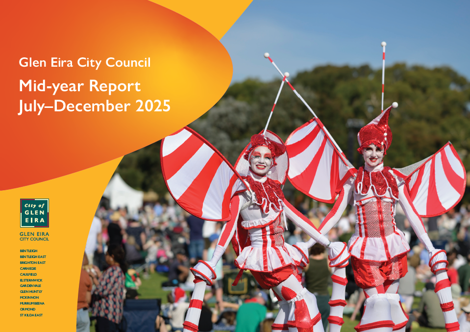 “Red and white costumed performers at a Carols in the Park 2025 event, featured on the Glen Eira City Council Mid‑year Report cover.