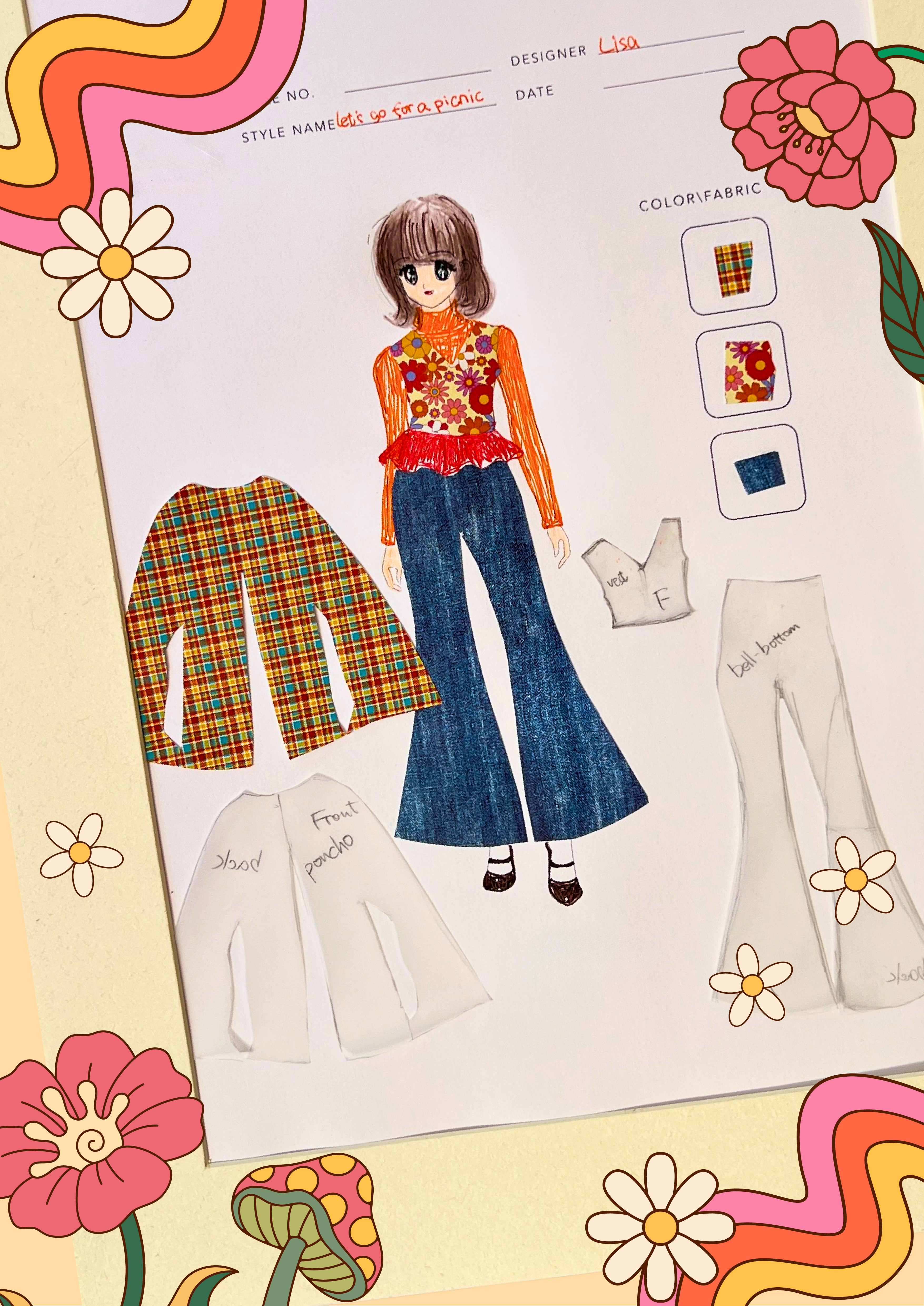 Fashion design sketch titled “Let’s go for a picnic”, showing a stylised character wearing a floral patterned top, orange sleeves and wide-leg blue trousers, with fabric swatches and garment pattern pieces arranged around the drawing.