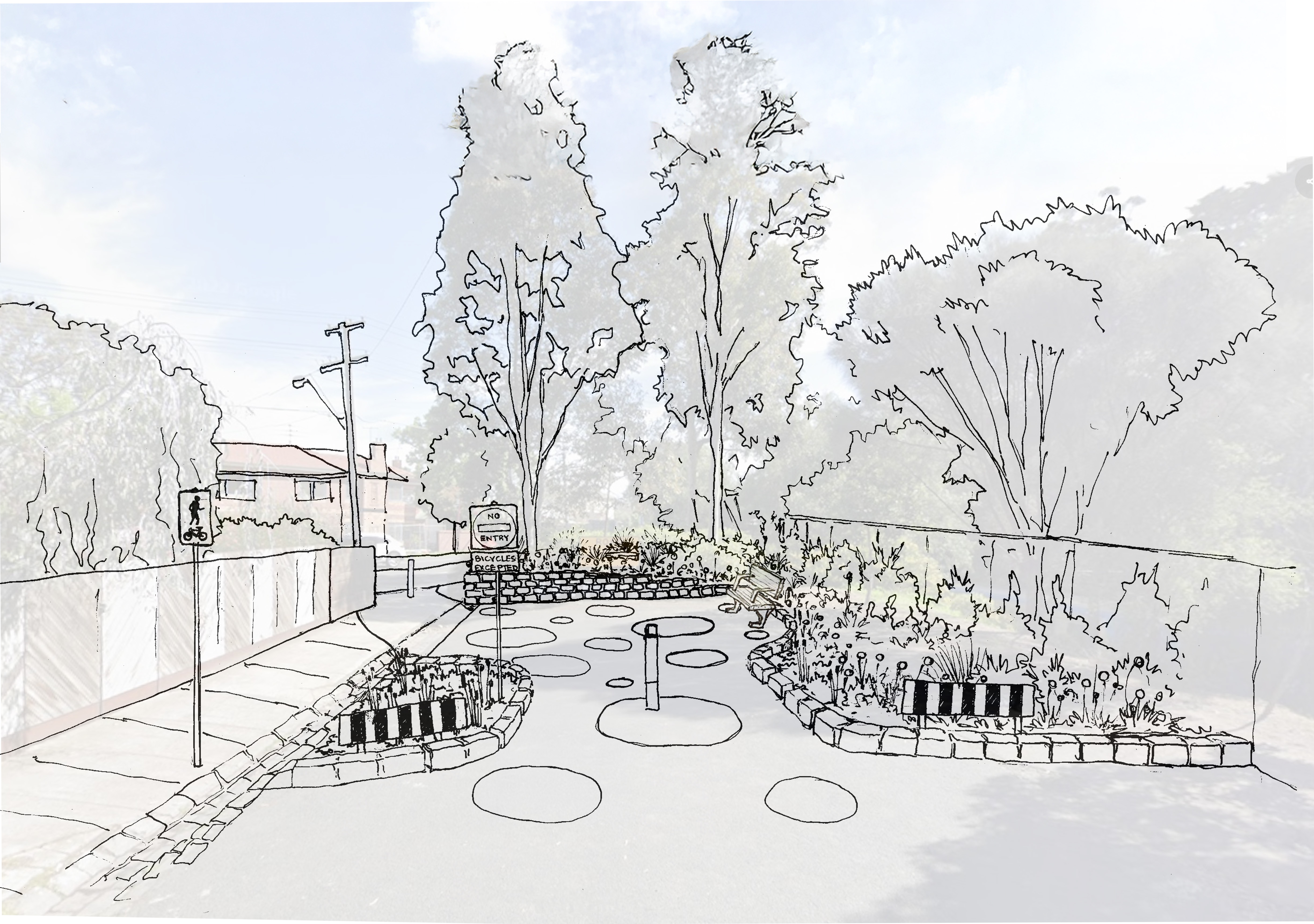 A sketch-style illustration of a redesigned residential street featuring a small landscaped roundabout with garden beds on both sides of the road. Trees and shrubs surround the area, with tall trees forming a backdrop. The road includes painted circular traffic-calming markings and a central bollard. A fence runs along the left footpath, and houses are visible in the background. 