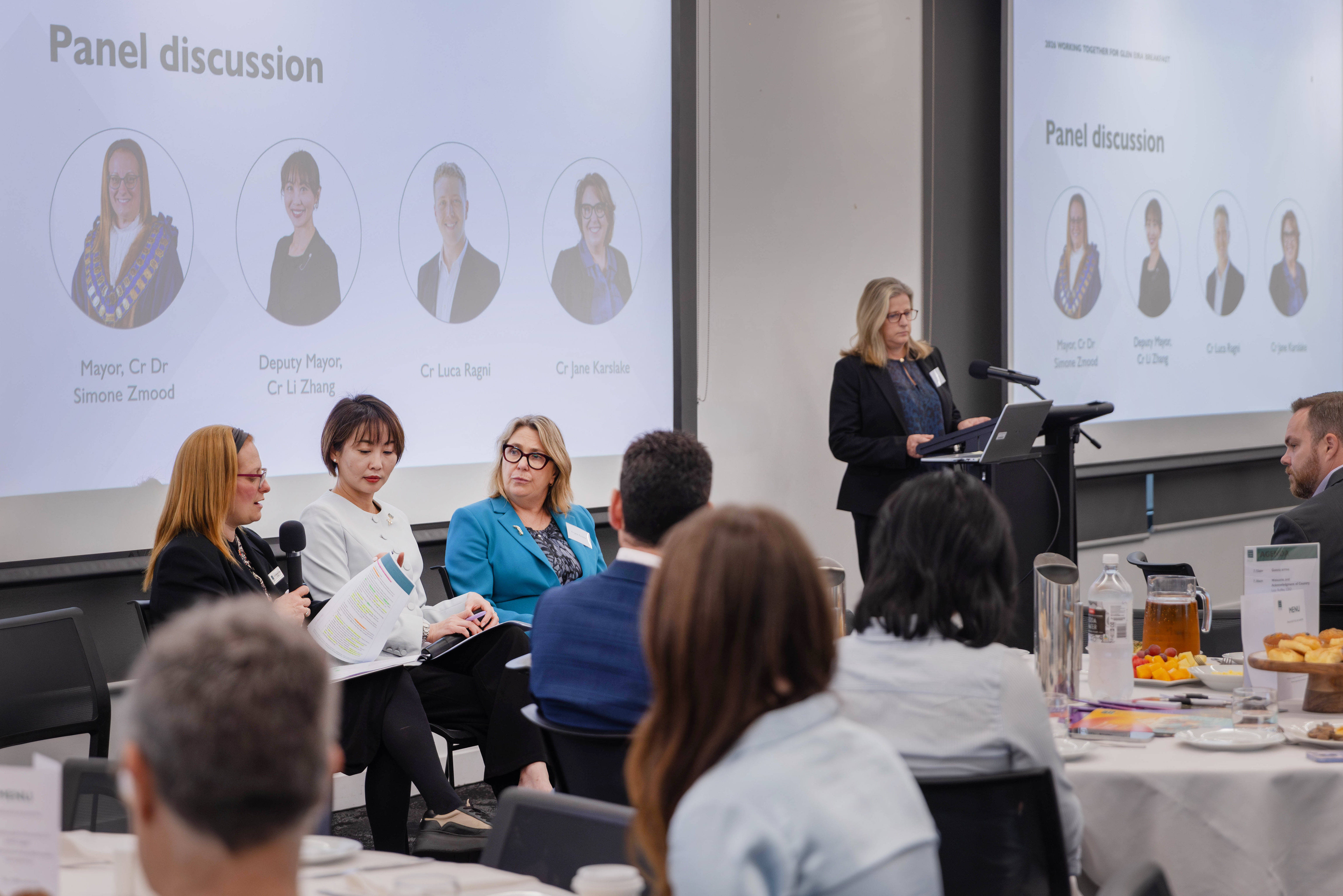 Panel discussion at the 2026 Working Together for Glen Eira Breakfast, with councillors and community representatives speaking to attendees.