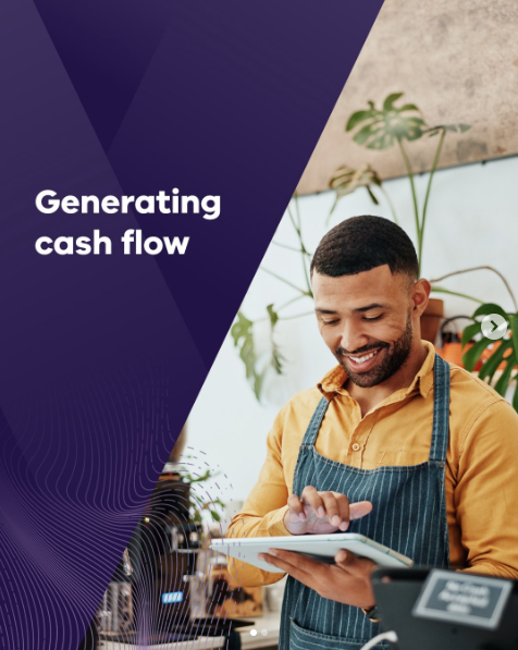 “Generating cash flow” title displayed next to a person using a tablet in a small business setting.
