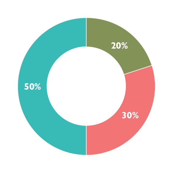 A donut chart showing our strategic indicators for Innovative and financially sustainable: an aqua segment at 50 per cent annual measure, a green segment at 20 per cent on track and a red segment at 30 per cent to monitor.