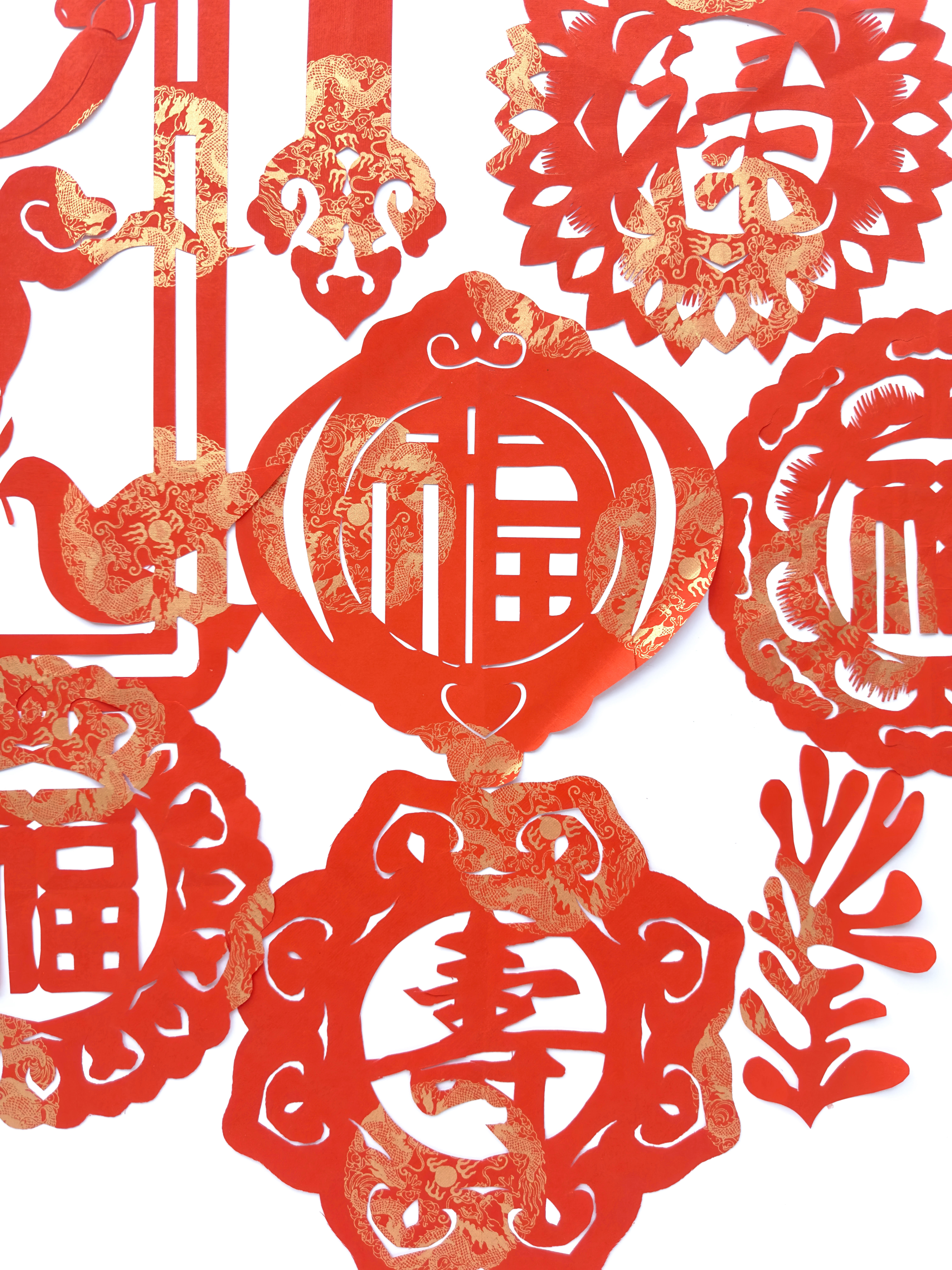 Close-up of red paper cut decorations with intricate patterns and cut-out Chinese characters on a white background.