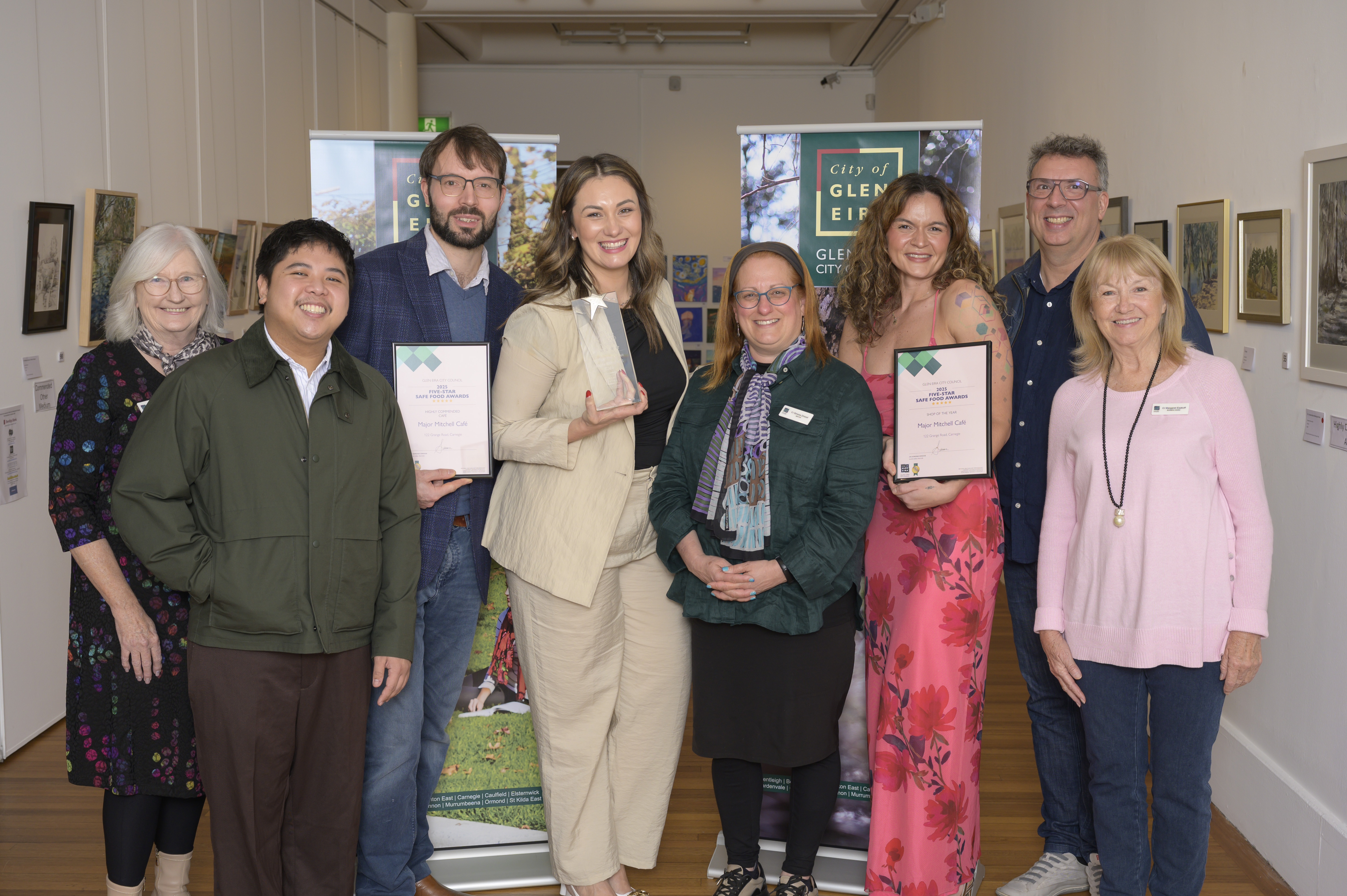 The team from Major Mitchell Café accept their Shop of the Year Award from Glen Eira Mayor Cr Simone Zmood, Cr Kay Rimbaldo (far left) and Cr Margaret Esakoff (far right).